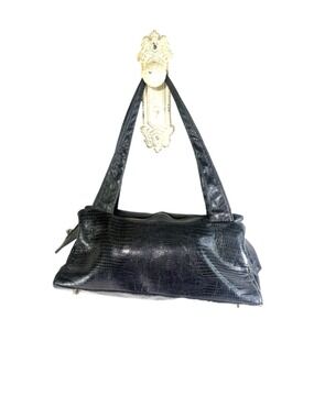 Corello Exotic Embossed Lizard Black Leather Shoulder Bag Purse